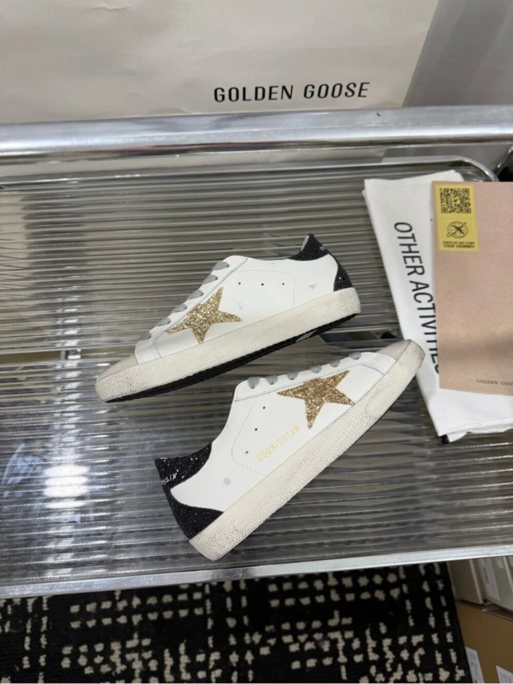Golden Goose White Sneakers with Gold Glitter Star and Black Heel - Picture 4 of 9